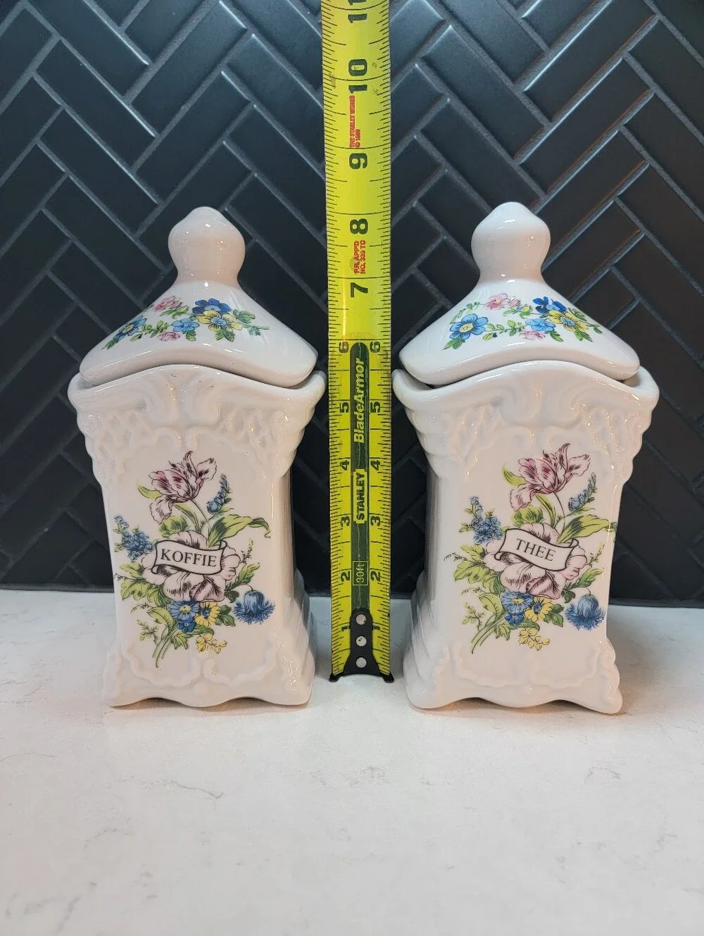 Set Of 4 Delfts Hand Made White Floral Ceramic Canisters